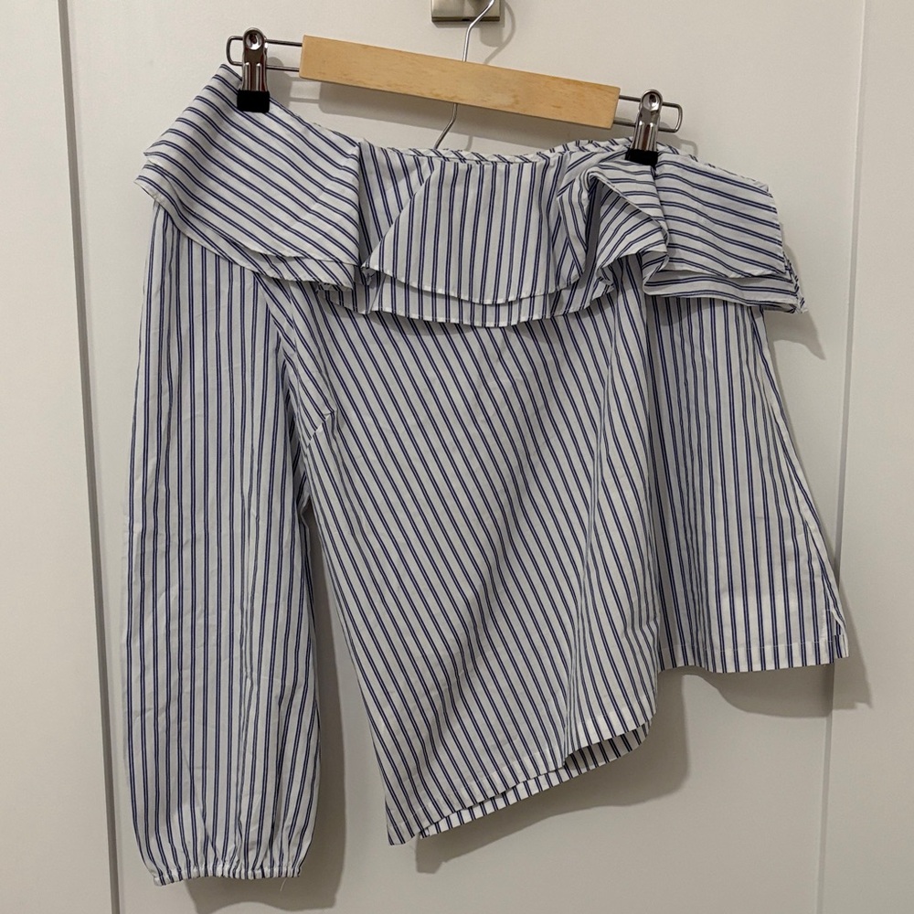 J. Crew Blue and White Striped Off-Shoulder Ruffle Blouse